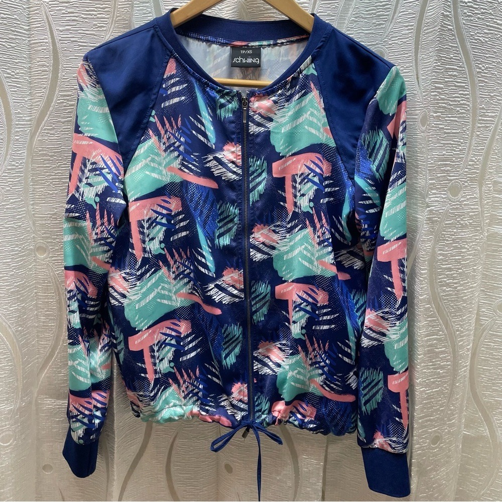 SCHWiiNG Tropical Print Bomber Jacket Navy Blue Pink Teal Lightweight XS‎